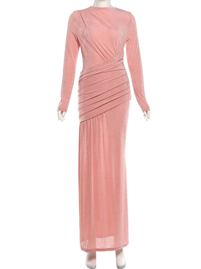 Folds Maxi Dress Women o-Neck Full Sleeve Solid Banquet Elegant Vacation Fashion Autumn Skinny Casual Simple Vestidos