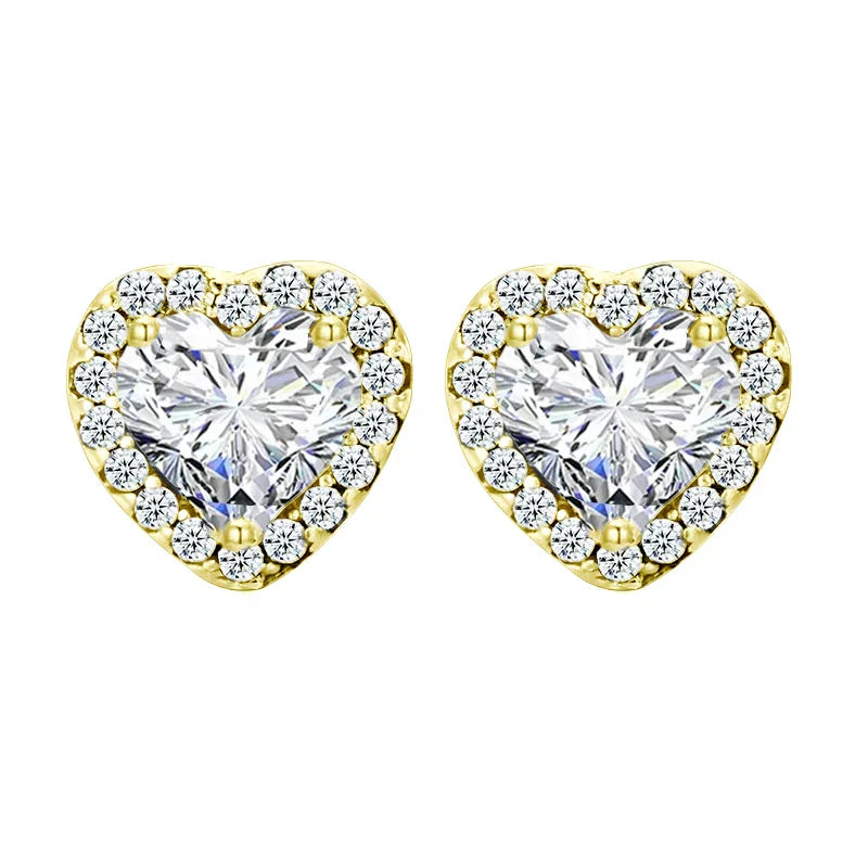 18K Gold Heart CZ Stud Earrings 925 Sterling Silver Hypoallergenic Classic Halo Earrings Circle Setting Women Dating Gift