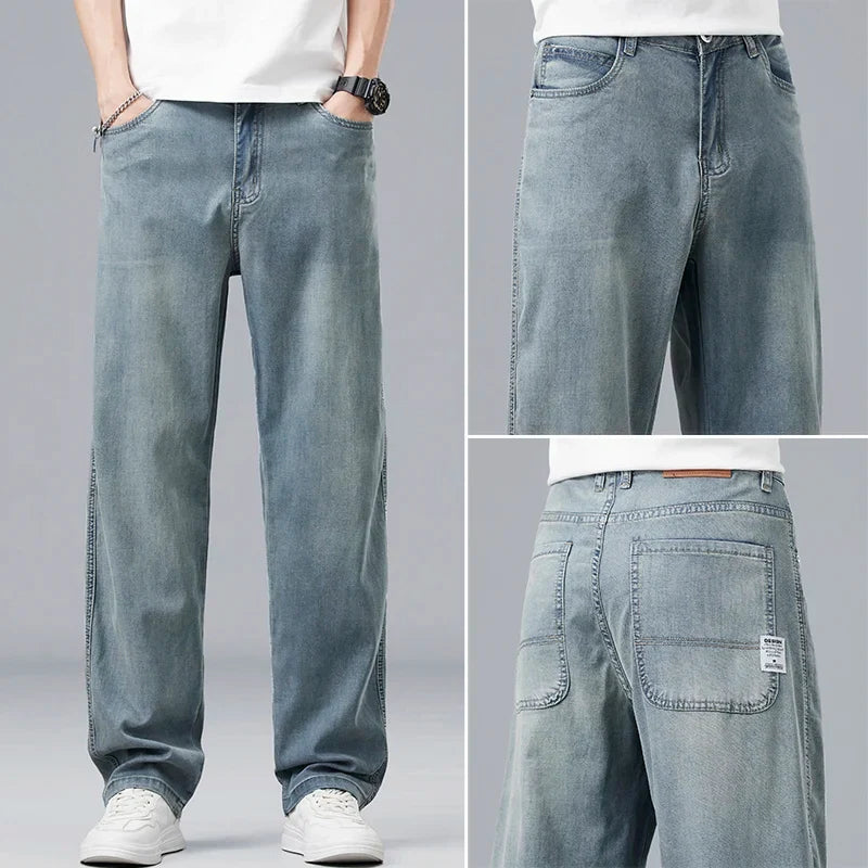 Summer Ultra-thin Lyocell Men's Jeans Drape Soft Fabric Loose Straight Casual Denim Pants Elastic Ice Silk Male Trousers