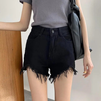 Black High-Waist A-Line Wide Leg Jeans Shorts for Women Summer 2026 Trendy Loose Fit Slimming Hot Pants Ladies Denim