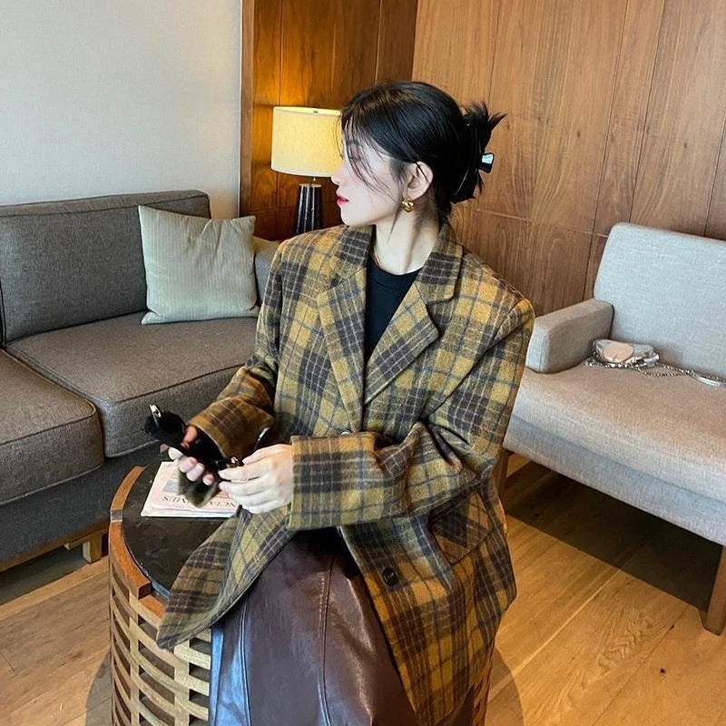 Women's Mid-Length Plaid Wool Coat 2025 Autumn Winter Arrival, Korean Style Warm Blazer, Trendy Yellow Brown Checkered Jacket