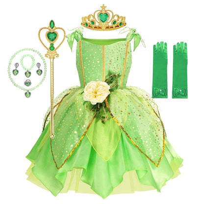 Girls TinkerBell Costume Halloween Costume Green Fancy Dress Fairy Princess Cosplay Carnival Party Costume
