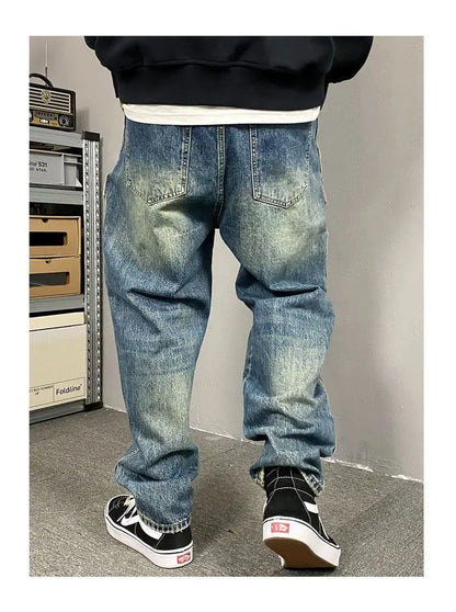 Autumn American Casual Ruffian Handsome Washed Retro Tooling Jeans Men's Straight Loose High Street Tapered Pants Tide