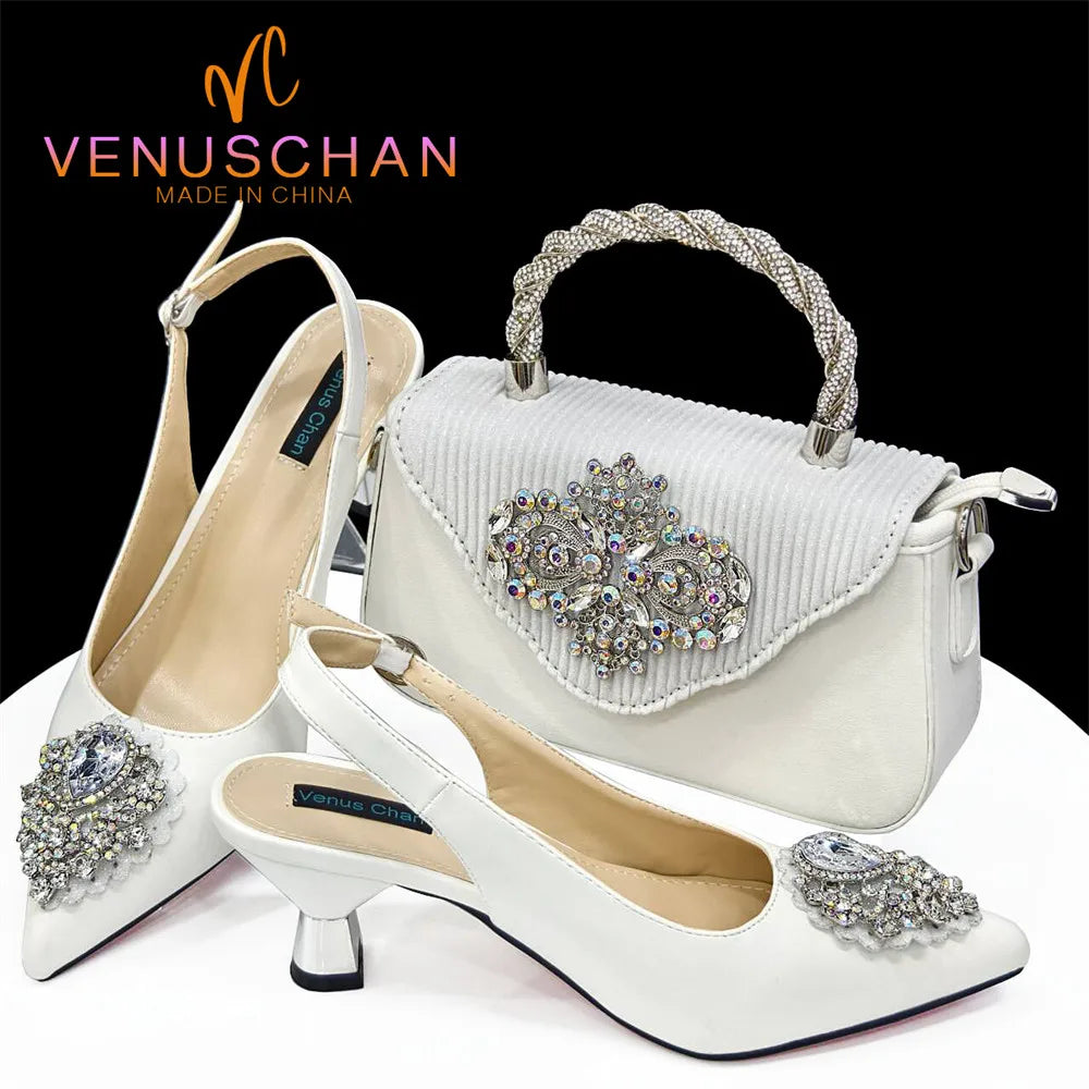 2024 Latest Wedding Pointed Toe Women's Shoes High Heel White Color Rhinestones Party Ladies Shoes And Bag Set
