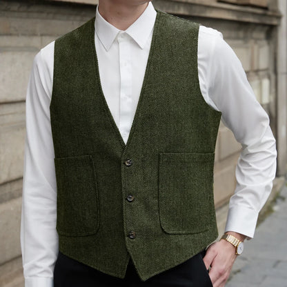 Men Vest Gray Herringbone V Neck Single Button Waistcoat For Wedding Prom Business Casual Formal Daily Office Work Men Suit Vest