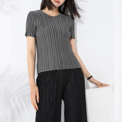 Miyake Pleated Short Sleeve Women's 2023 Summer New Thin Stretch Crew Neck All-Matching Slim Fit Pleated Hollow T-shirt Women