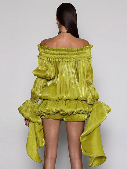 Lime Green Off-shoulder Pleated Short Dress Chic Smocked Waist Bubble Vistidos Women's Tiered Full Sleeve Beach Club Party Gown