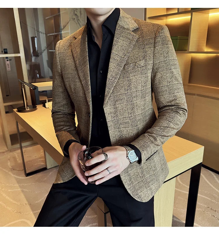 High Quality Meteor Grid Suit Jackets Men British Style Slim Fit Business Casual Fashion Blazers Formal Men Wedding Party Tuxeds