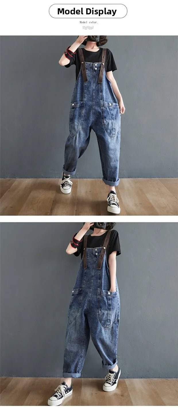 Anti-Aging High Waist Loose Women's Denim Overalls Korean Sle Summer Faion Thinming Harem Nine-Piece Pants