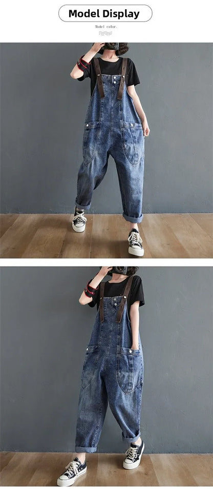 Anti-Aging High Waist Loose Women's Denim Overalls Korean Sle Summer Faion Thinming Harem Nine-Piece Pants