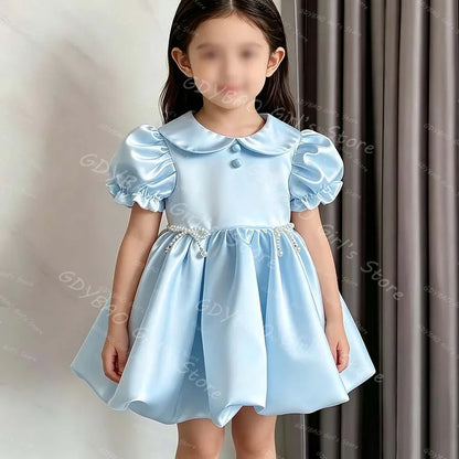 Baby Girls Princess Dress Peter Pan Neck Short Sleeves Flower Girl Dress for Wedding Toddlers Bubble Hem Mini Party Gown Custom