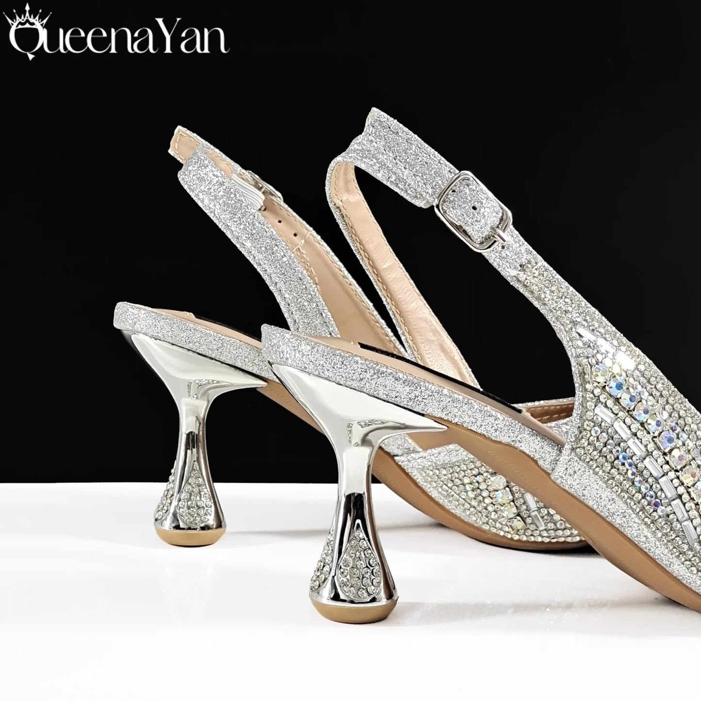 Nigerian Heel Party for Women Silver Color Shoes and Bag Set Rhinestone Handbag Italian Design Wedding INS 2025