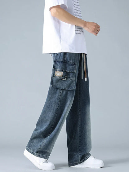 Summer Men's Straight Jeans Multi-Pockets Wide Leg Denim Cargo Pants 8XL 7XL 6XL Big Size Lightweight Baggy Jeans Trousers