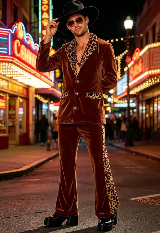 Luxury Men's Velvet Suit Notch Lapel Jacket Leopard Print Patchwork Trim Wide Leg Flare Trousers Tuxedo Cosplay Prom Event