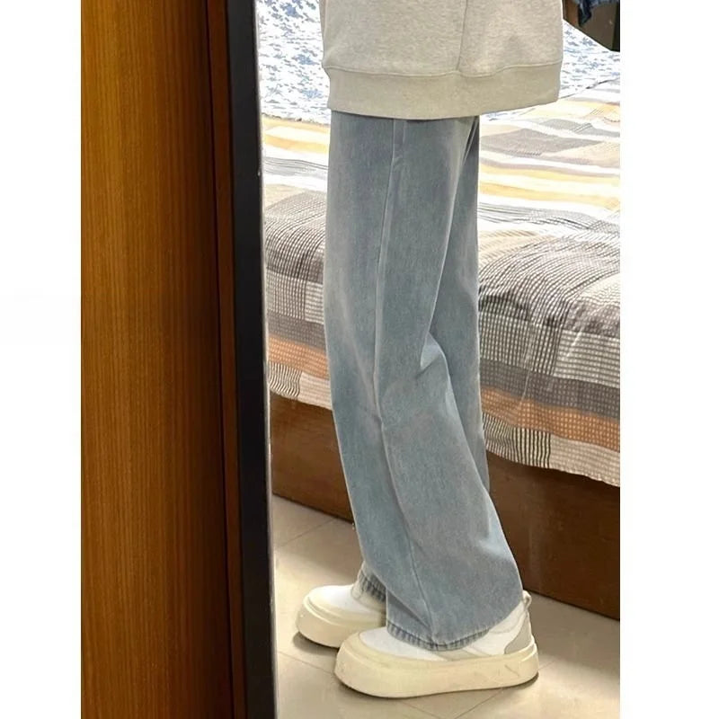 White Thin Pleated High Waist Non-Light Wide Leg Jeans Women's American High-End Loose Straight Lazy Floor-Length Pants