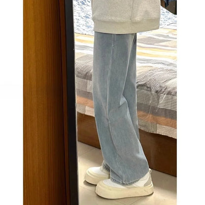 White Thin Pleated High Waist Non-Light Wide Leg Jeans Women's American High-End Loose Straight Lazy Floor-Length Pants
