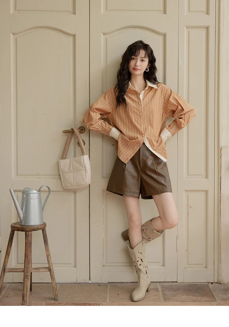 Loose Striped Shirt for Women Autumn 2025 Contrasting Lapel Top Single Breasted Patchwork Shirts Office Lady MXD41C0286