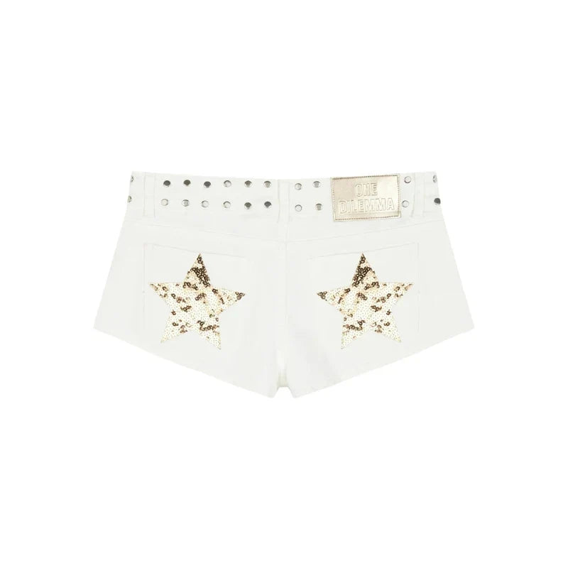 Y2K Low Waist Denim Shorts Women European American Casual Contrasting Loose Fashionable Back Sequin Star Print Hot Pants