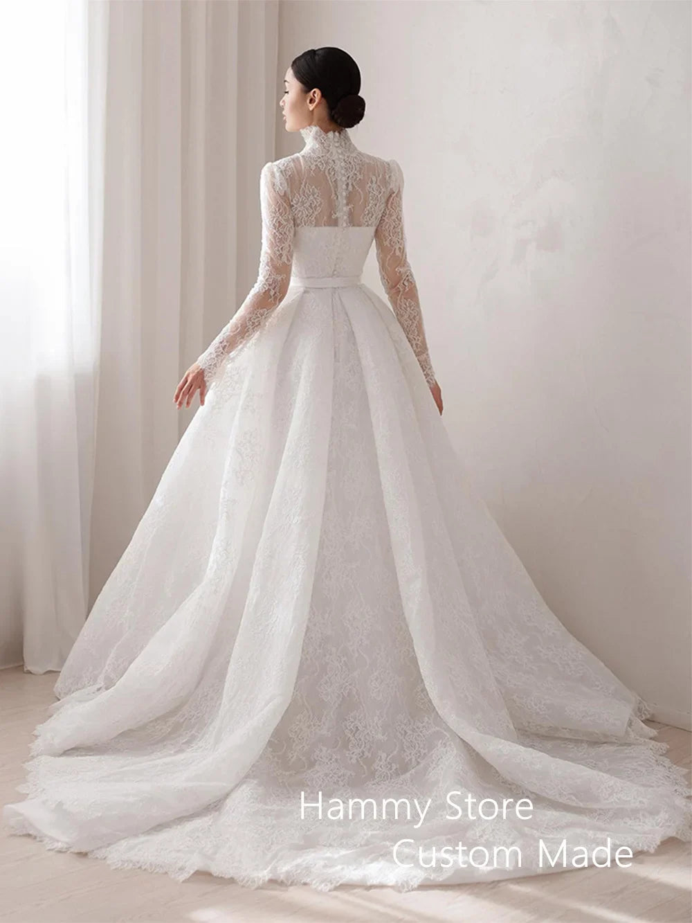 Exquisite Lace Wedding Dress Customized V Neck Full Sleeves A Line Saudi Arab Bridal Gown Sweep Train Arabian Bride Dresses