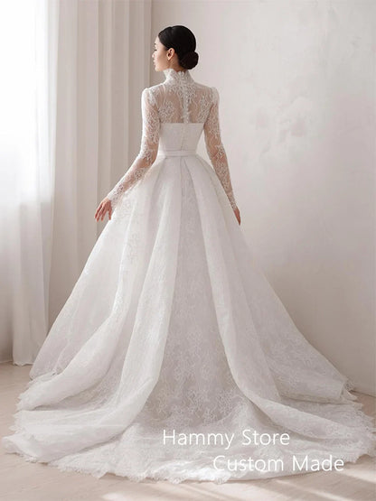 Exquisite Lace Wedding Dress Customized V Neck Full Sleeves A Line Saudi Arab Bridal Gown Sweep Train Arabian Bride Dresses