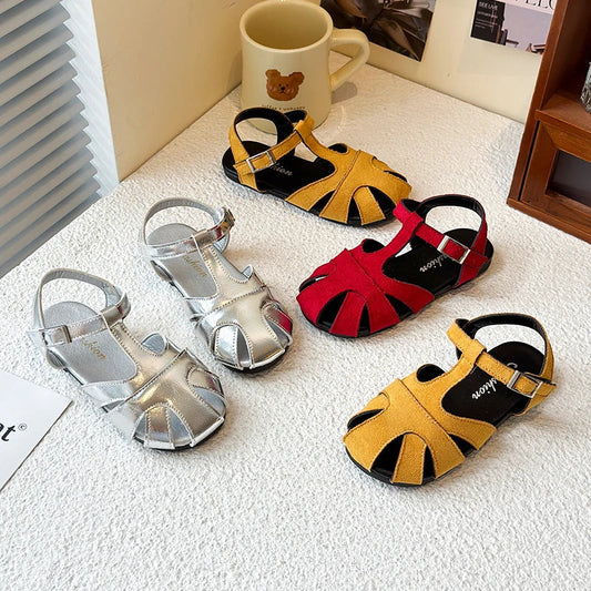 Kids Leather Cage Sandals for Girls 2025 Summer New Toddler Beach Shoes Non-slip Princess Elegant Retro Kid Garden Wedding Flats