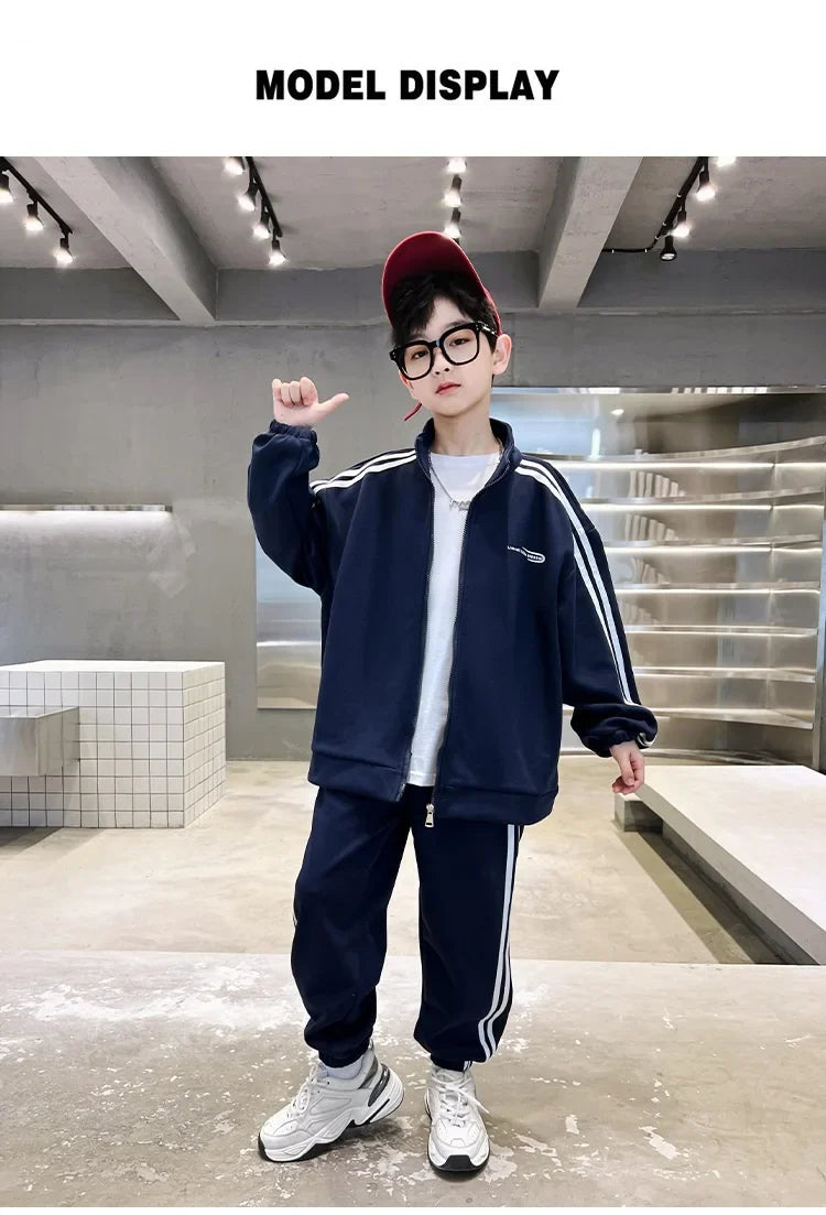Spring Autumn Boys Navy Striped Zip Sweatshirt Coats+Sweatpant Sets School Kids Tracksuit Children Outfit Jogging Suit 3-14Yrs
