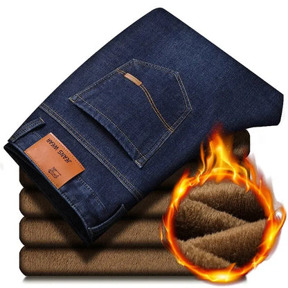 Men's Reflective Fleece-Lined Jeans - Thick Warm Lining, Durable Denim & Reflective Trim, Safe for Winter Night Commute & Casual