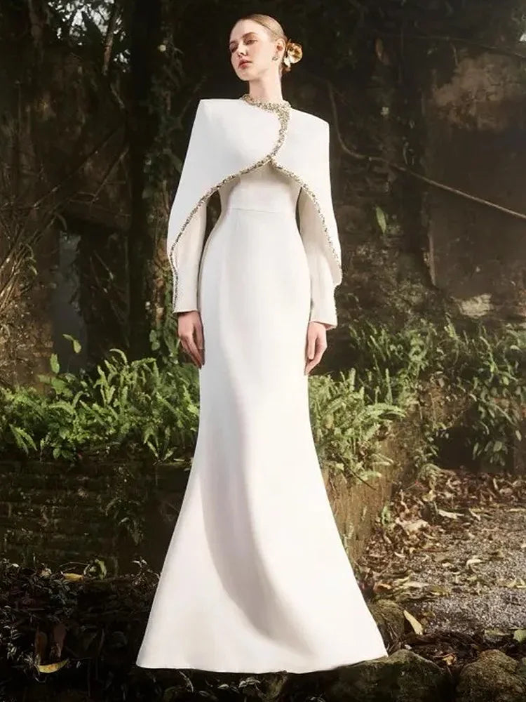 HIGH STREET Newest 2026 Designer Vestido Women's Diamonds Beaded Cape Sleeve Floor Length Maxi Long Dress