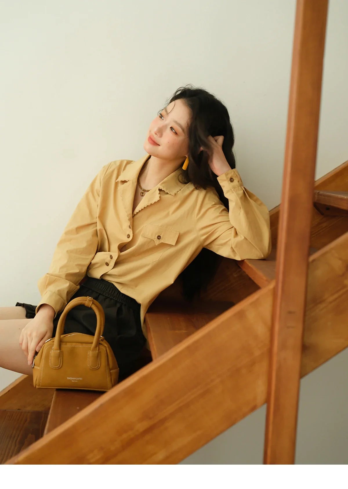 Women's Retro Yellow Lapel Cotton Shirt 2025 Autumn Loose Casual Top Contrasting Button with Pocket Shirts MXE41C2356