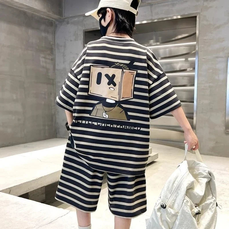 Stripe Sport Two-Piece Set Children Sets Shorts for Boy Children's Clothing From 3 To 4 Boys Outfit Cartoon Fashion Clothes Kids