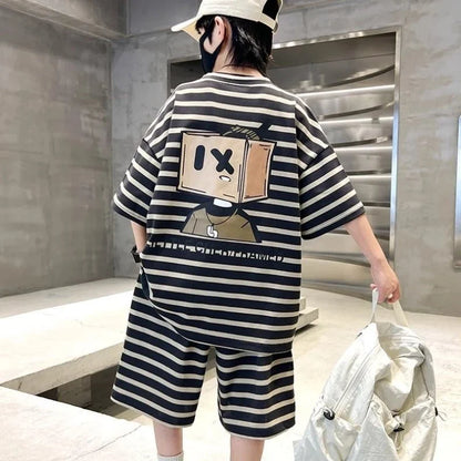Stripe Sport Two-Piece Set Children Sets Shorts for Boy Children's Clothing From 3 To 4 Boys Outfit Cartoon Fashion Clothes Kids