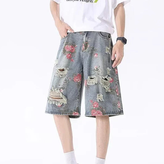 2025 Mens Rose Print Distressed Denim Shorts Summer Baggy Ripped Jeans Five Inch Cargo Shorts Y2K Streetwear Vintage Hip Hop