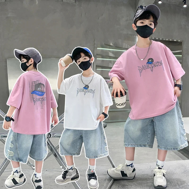 2025 New Summer Clothing Set for Kids Boy Luxury Summer Suit Children Cotton T-shirt And Denim Shorts 2 Pieces Tracksuit Outfit