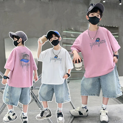 2025 New Summer Clothing Set for Kids Boy Luxury Summer Suit Children Cotton T-shirt And Denim Shorts 2 Pieces Tracksuit Outfit