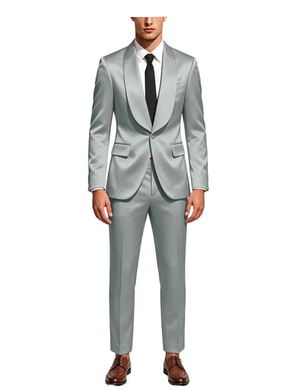 Luxury Men's Satin Tuxedo Suit Shawl Lapel Slim Fit 2-Piece Blazer & Pants Set Formal Business Casual Jacket Coat for Wedding
