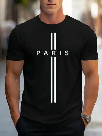 3D printed men's loose summer T-shirt, Paris printed round neck casual tight T-shirt, short sleeved T-shirt