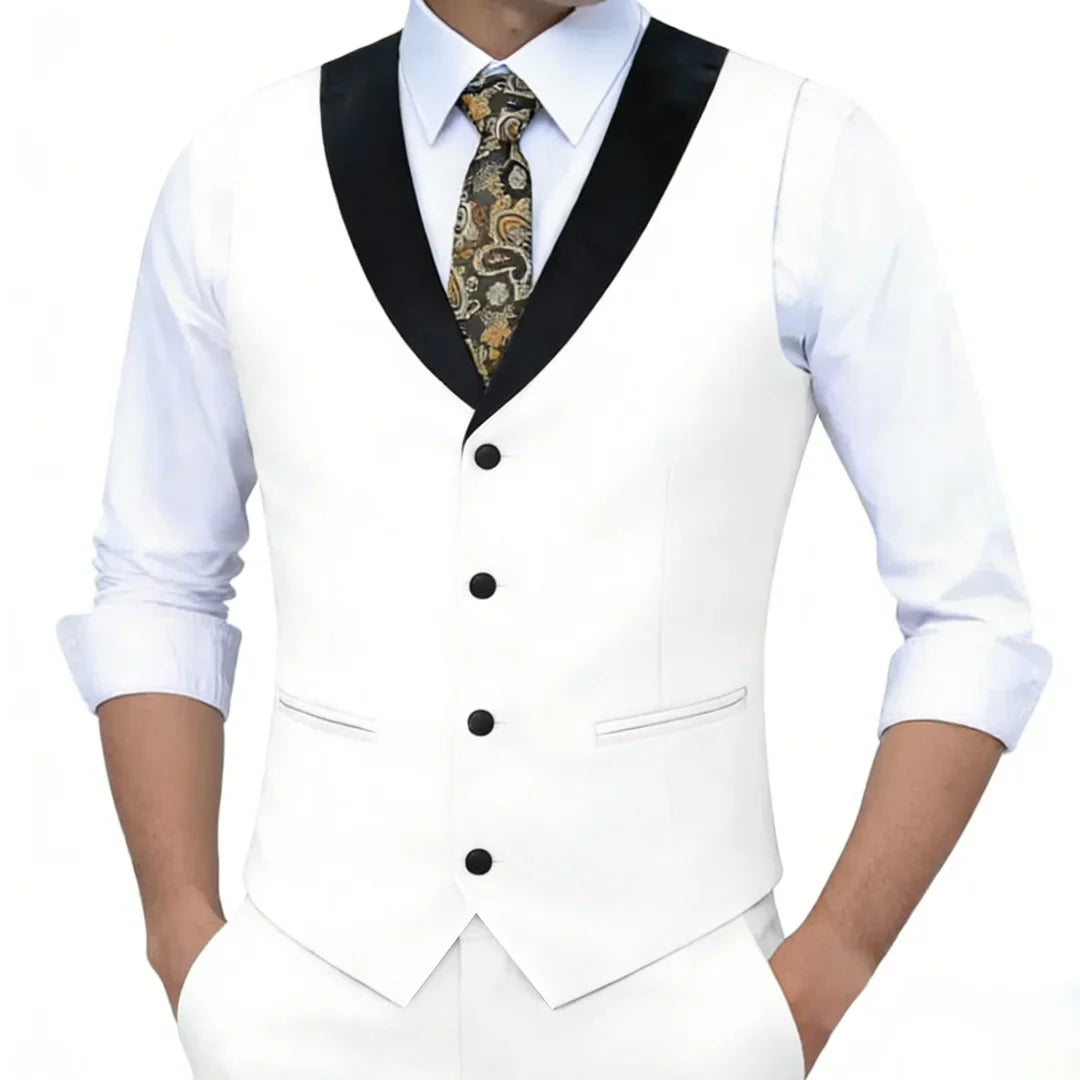 Men Vest White Single Button With Black Lapel Waistcoat For Wedding Birthday Banquet Party Business Work Daily Men Suit Vest