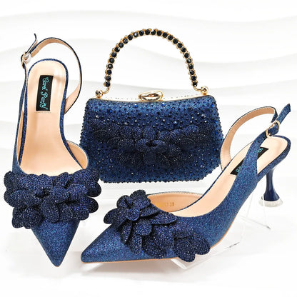 New Sky Blue Satin Handmade Flowers Shoes And Bag African Women's Banquet Pointed Toe Heels Matching Shoes And Bag Wedding Party