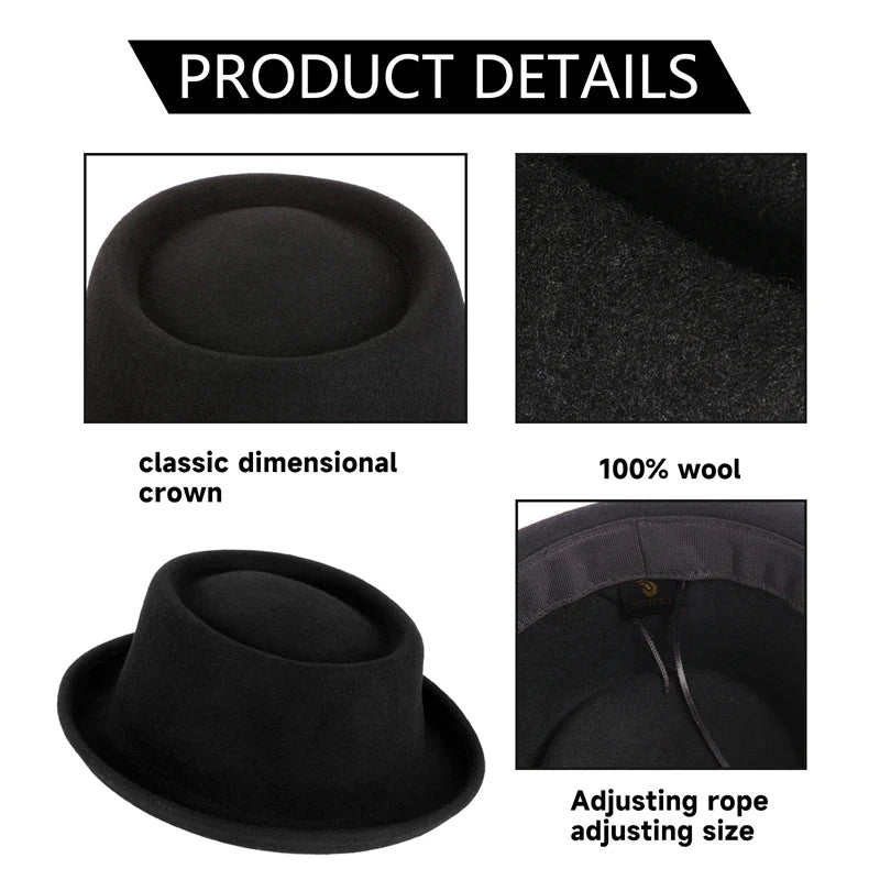 100% Wool Pork Pie Fedora Hat for Women Men Autumn Winter Felt Curved Brim Porkpie Hat
