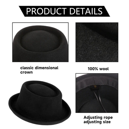 100% Wool Pork Pie Fedora Hat for Women Men Autumn Winter Felt Curved Brim Porkpie Hat