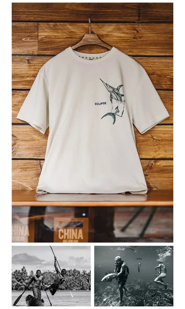 Casual Printed Short Sleeve T-Shirt Men's Summer Loose Fit Heavyweight Cotton Ribbed Round Neck Tee  Versatile Street Tops