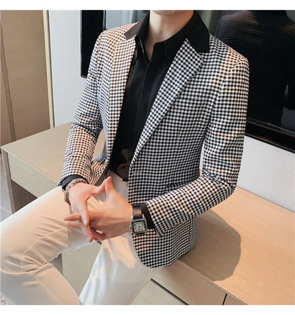2024 Autumn Winter Korean  Houndstooth Blazer Jackets Fashion Color Matching Lapel Design Casual Men's Plaid Suit Coat Tuxedo