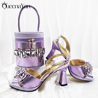 Nigerian-Inspired Rhinestone High Heels With Colourful Bucket Bag Fashionable Womens Footwear And Accessories Set