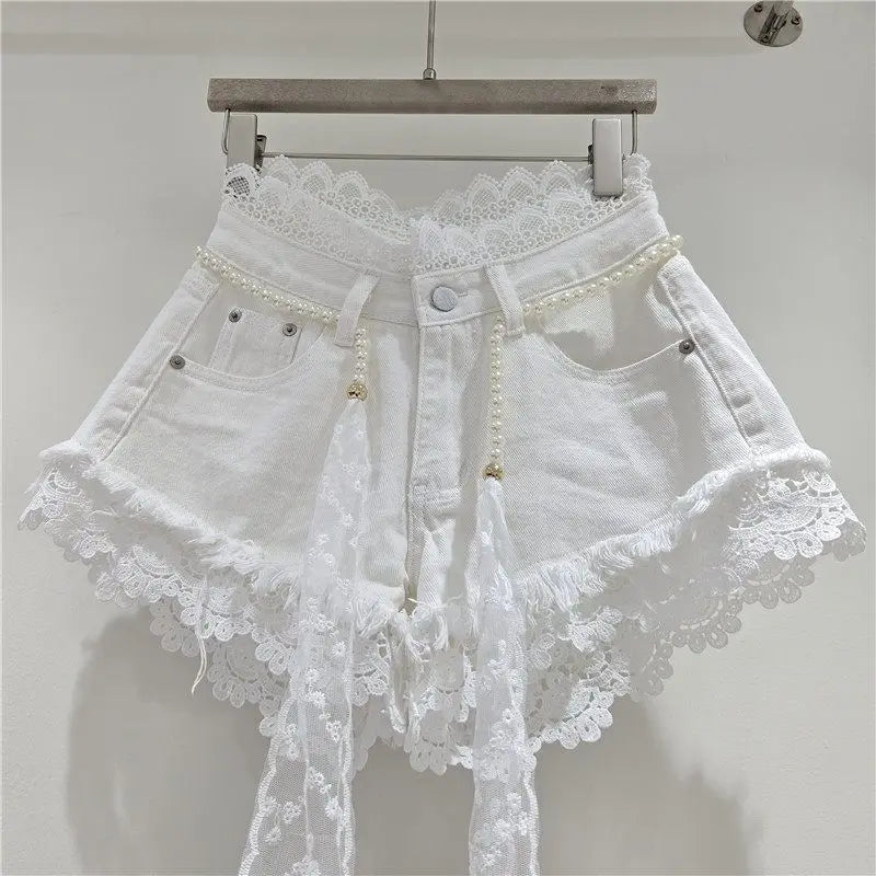 2026 Summer Denim Shorts New Splicing Hook Flower Lace Lace with Waist Rope Tassel Denim Shorts Women's Hot Pants Trend