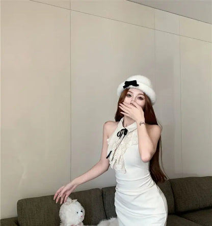Hotsweet Y2k Dress Women Lace Splicing Bow Halter Waist Slim Fit Hip Mini Dresses Fashion Birthday Party Vestido Summer