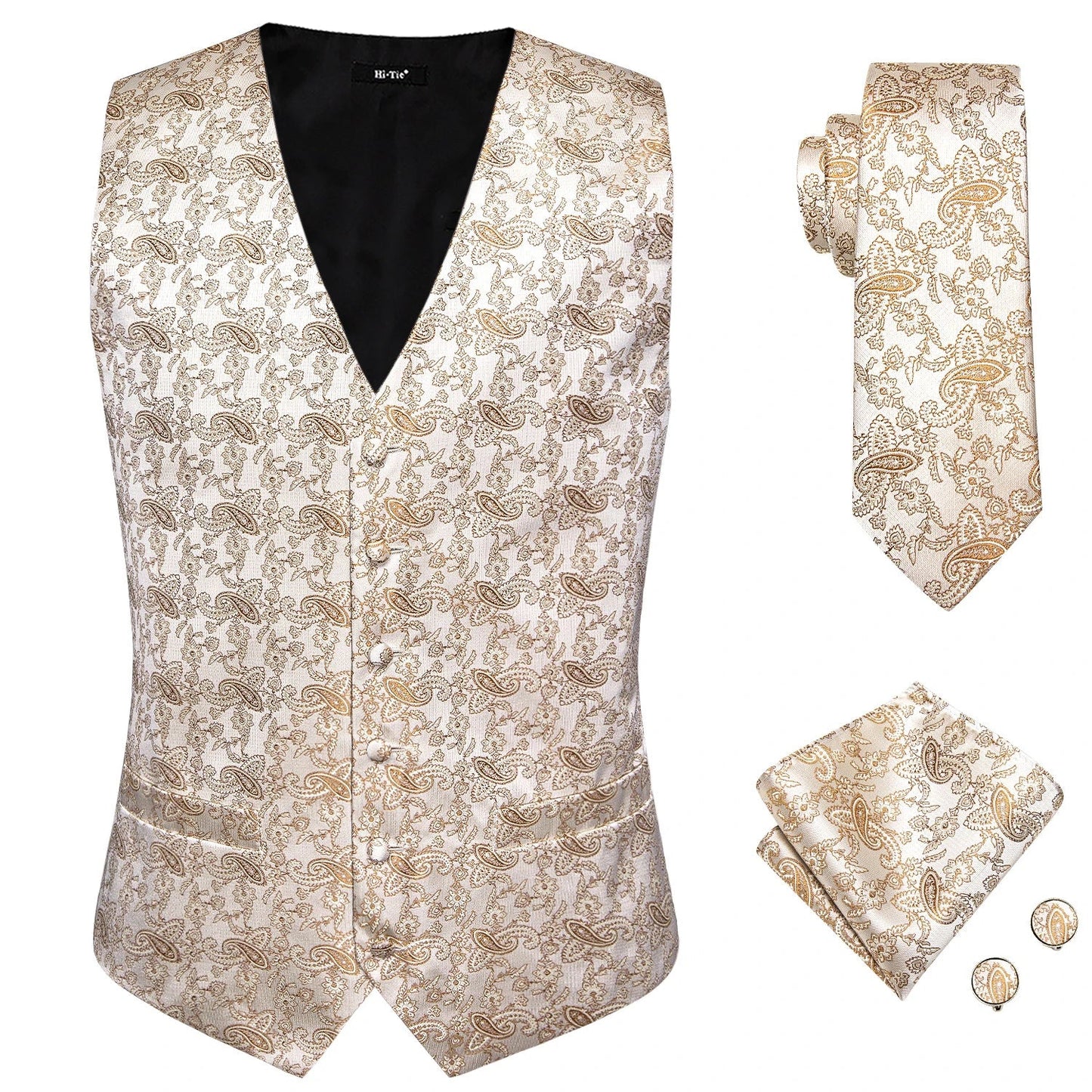 Designer Beige Champagne Ivory Khaki Mens Vest Necktie Set Jacquard Waistcoat Jacket Tie Hankerchief Cufflinks for Men Gift