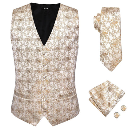 Designer Beige Champagne Ivory Khaki Mens Vest Necktie Set Jacquard Waistcoat Jacket Tie Hankerchief Cufflinks for Men Gift