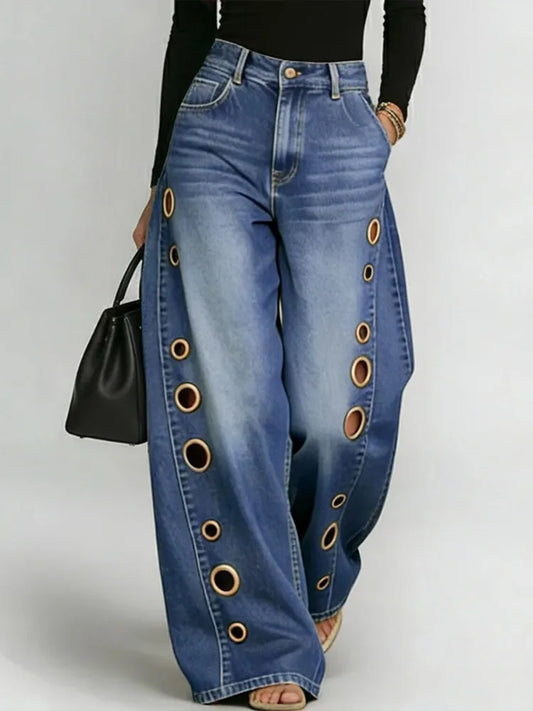 Missuoo Women's Washed Blue High-Waist Metal Grommet Wide Leg Jeans 2026 Casual Loose Fit Streetwear Pants Casual Trousers