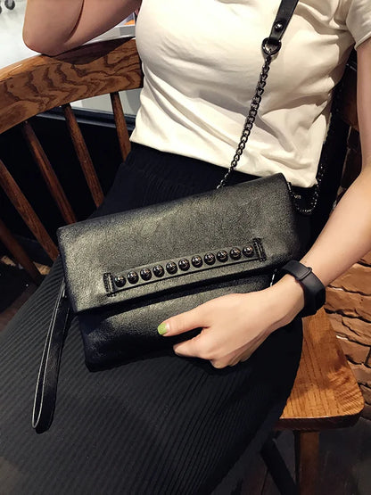 Folding design women Clutch Fashion rivets PU Leather Ladies Crossbody Bag chain Female Shoulder bag Clutches black wallet