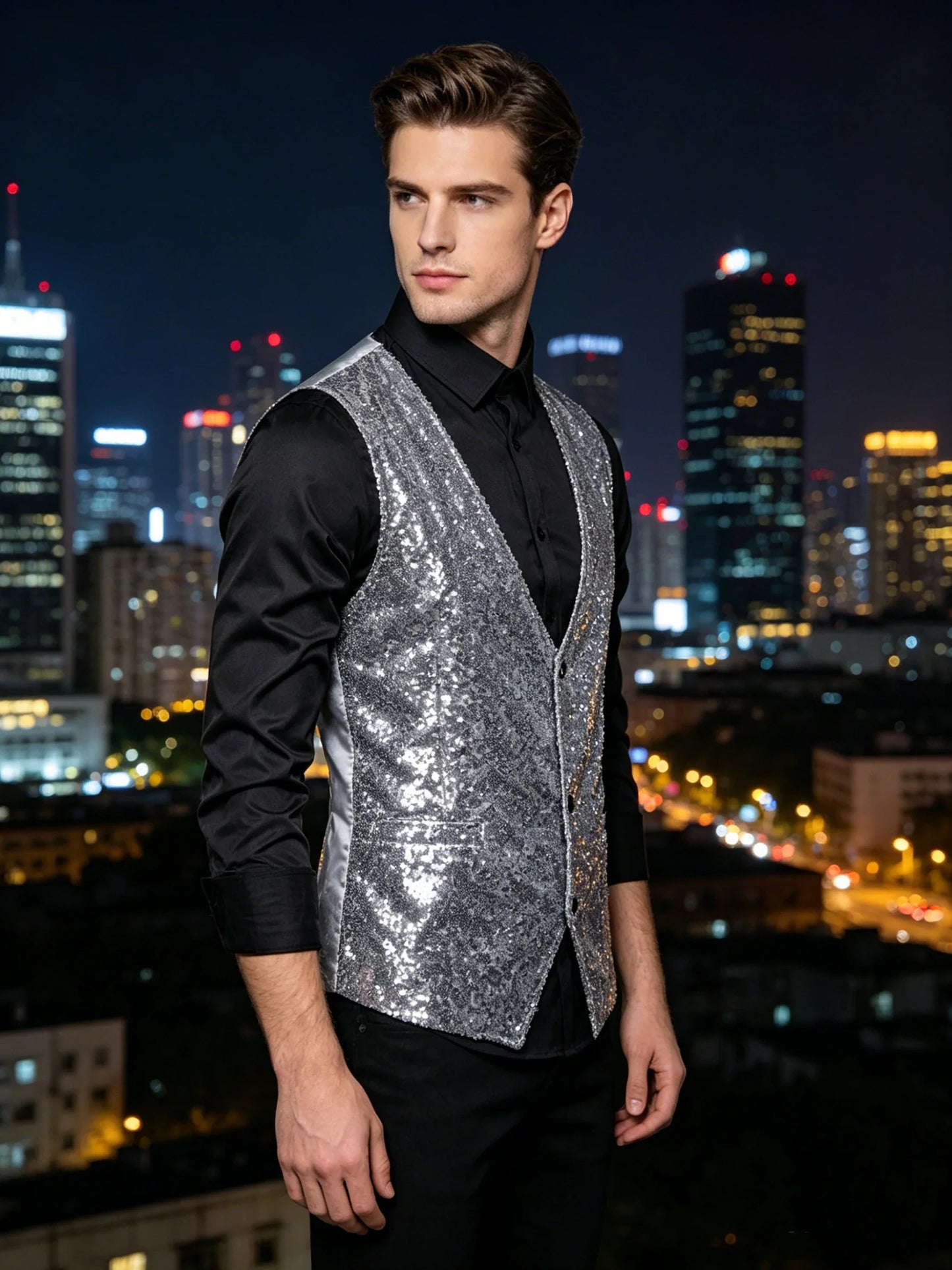 Shiny Sequin Men's V Neck Vest Single Breasted Suit Gilet Waistcoat for Wedding Prom Party Club Nightclub DJ Stage Performance